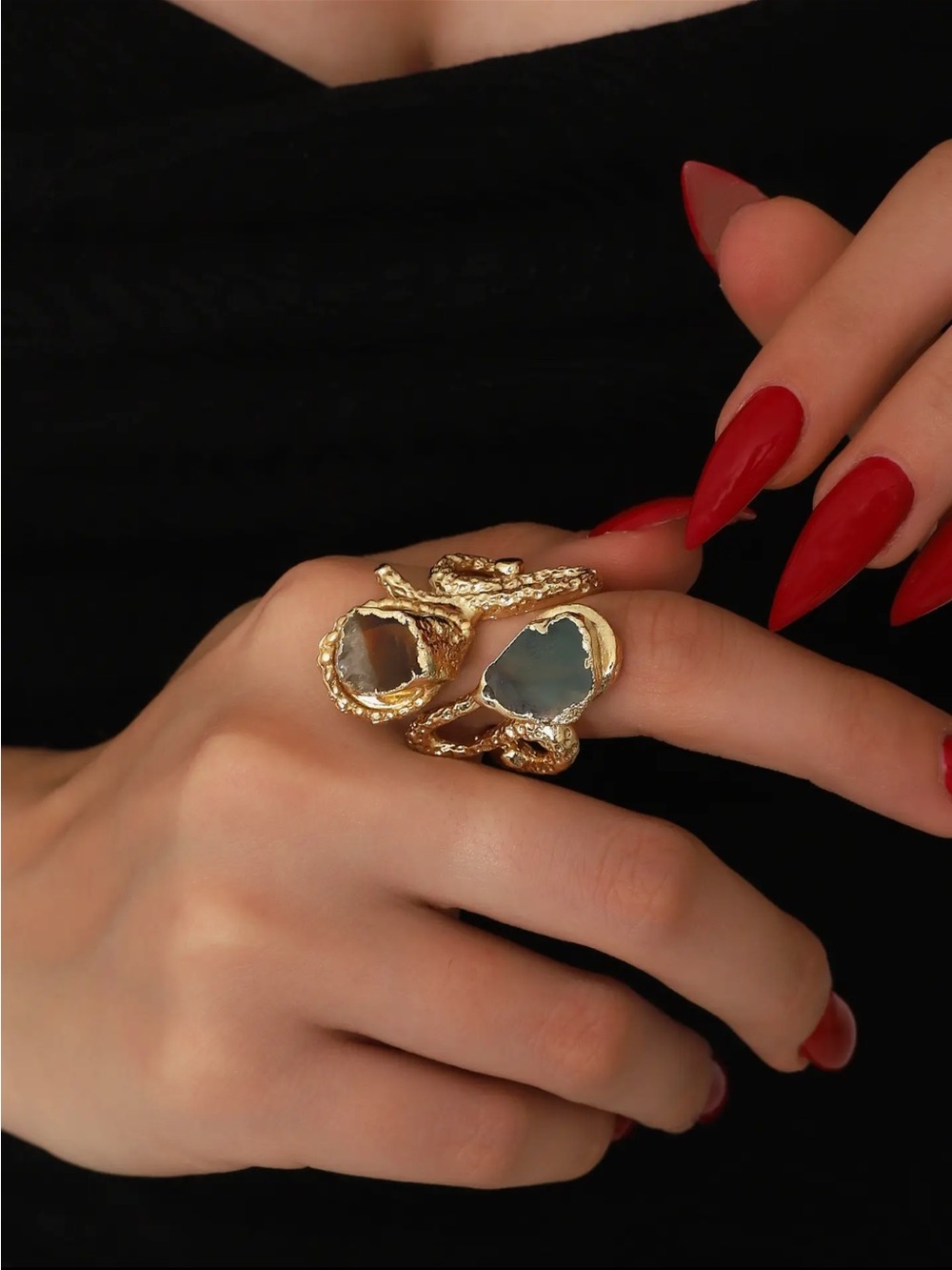 18K Gold Plated Natural Stone Adjustable Statement Ring
